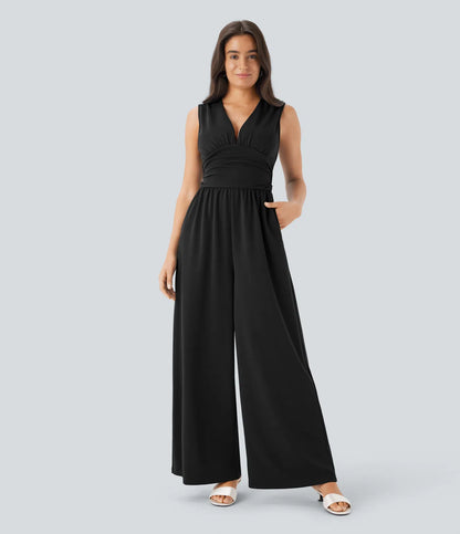 Women's Elegant Ribbed Jumpsuit, Deep V Neck Sleeveless Wide Leg Summer Outfit