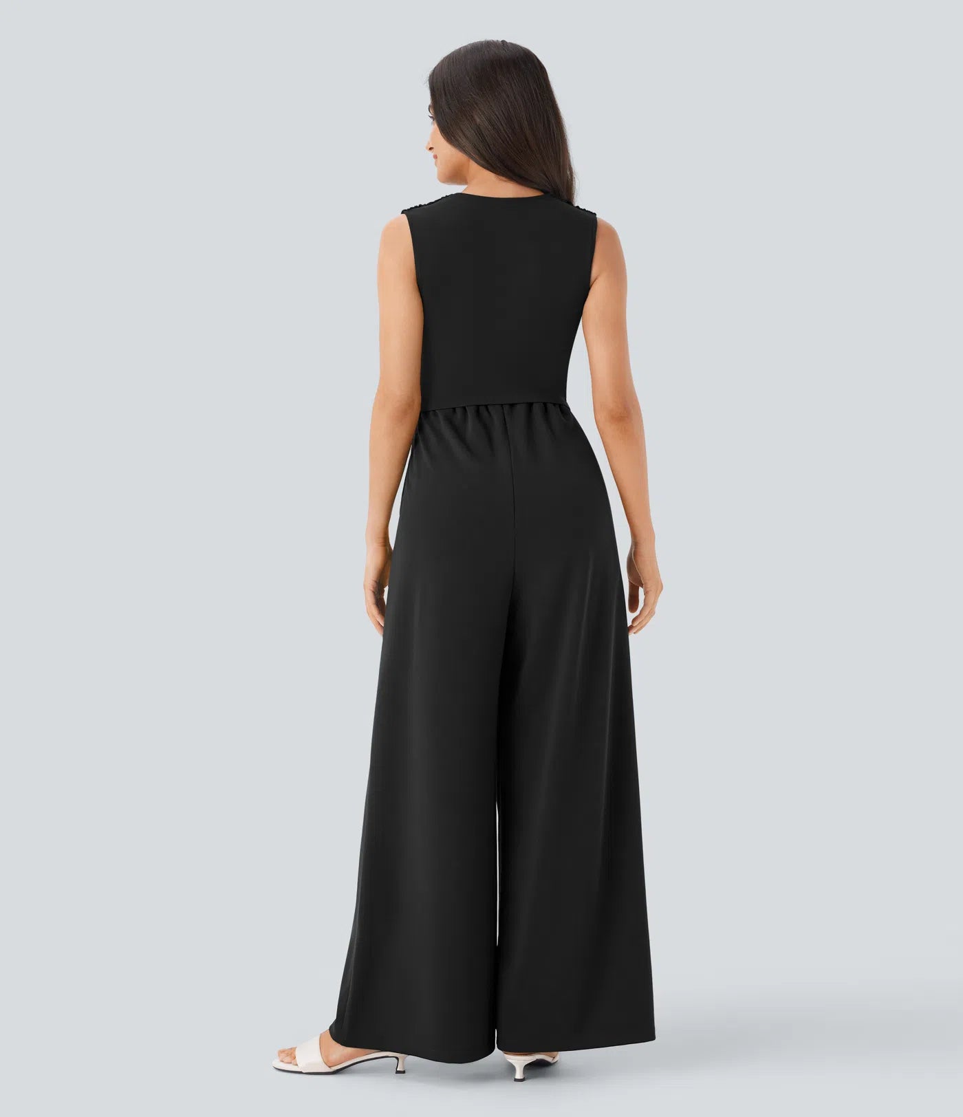 Women's Elegant Ribbed Jumpsuit, Deep V Neck Sleeveless Wide Leg Summer Outfit
