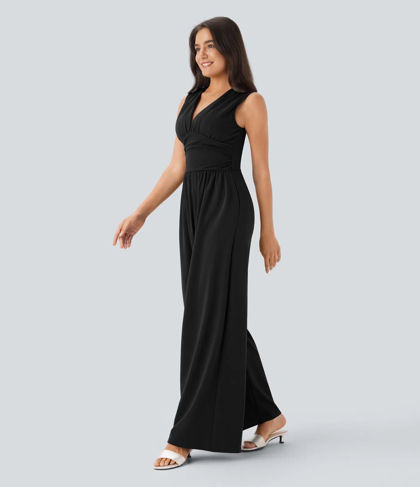 Women's Elegant Ribbed Jumpsuit, Deep V Neck Sleeveless Wide Leg Summer Outfit