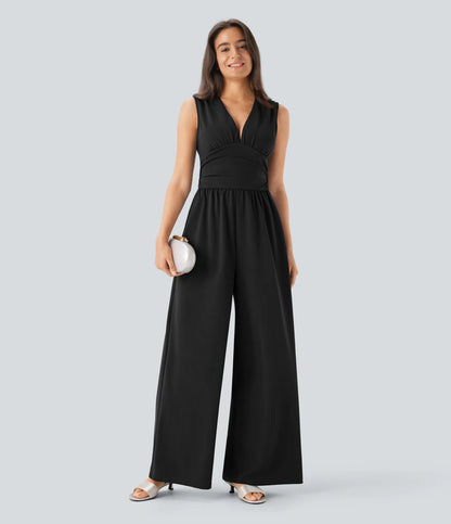 Women's Elegant Ribbed Jumpsuit, Deep V Neck Sleeveless Wide Leg Summer Outfit