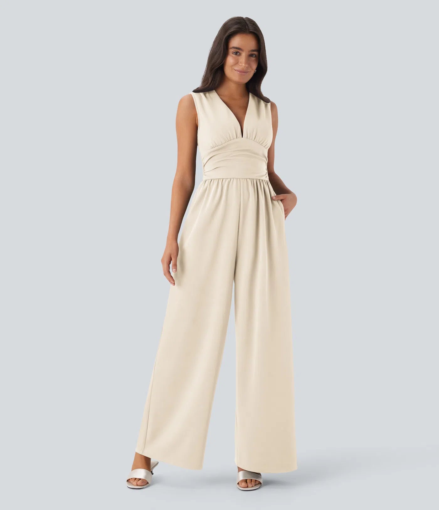 Women's Elegant Ribbed Jumpsuit, Deep V Neck Sleeveless Wide Leg Summer Outfit