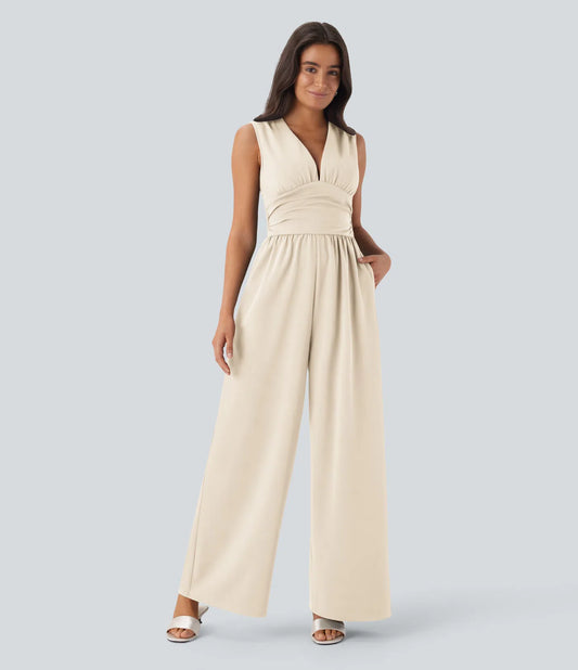 Women's Elegant Ribbed Jumpsuit, Deep V Neck Sleeveless Wide Leg Summer Outfit