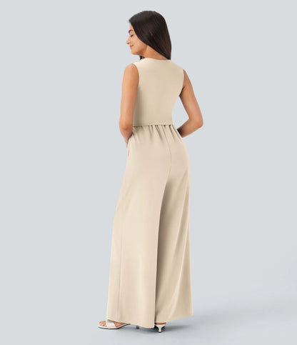 Women's Elegant Ribbed Jumpsuit, Deep V Neck Sleeveless Wide Leg Summer Outfit