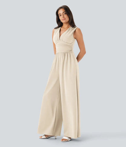 Women's Elegant Ribbed Jumpsuit, Deep V Neck Sleeveless Wide Leg Summer Outfit