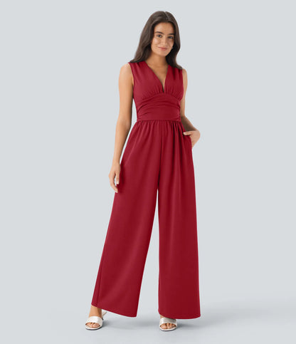 Women's Elegant Ribbed Jumpsuit, Deep V Neck Sleeveless Wide Leg Summer Outfit