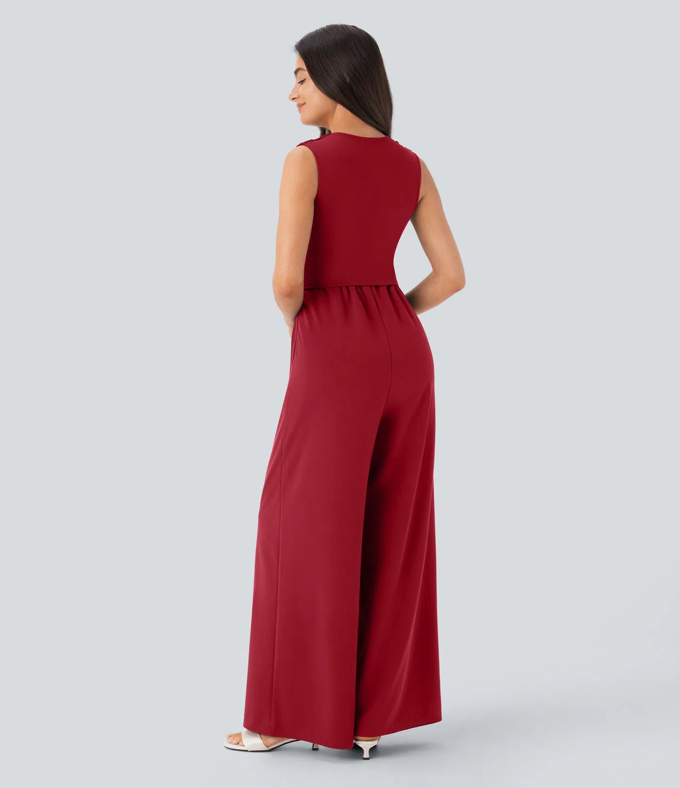 Women's Elegant Ribbed Jumpsuit, Deep V Neck Sleeveless Wide Leg Summer Outfit