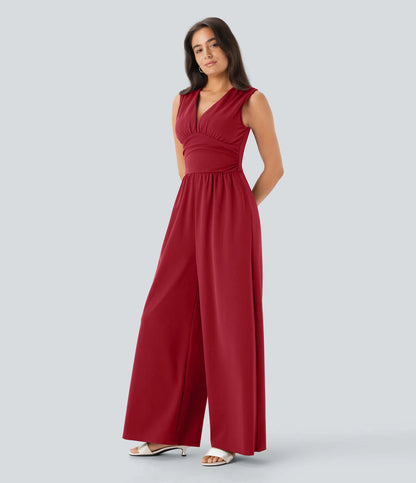 Women's Elegant Ribbed Jumpsuit, Deep V Neck Sleeveless Wide Leg Summer Outfit