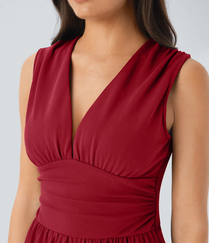 Women's Elegant Ribbed Jumpsuit, Deep V Neck Sleeveless Wide Leg Summer Outfit