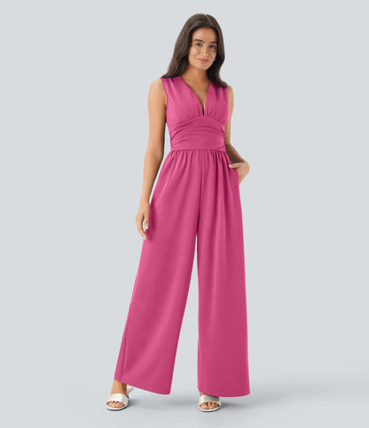 Women's Elegant Ribbed Jumpsuit, Deep V Neck Sleeveless Wide Leg Summer Outfit