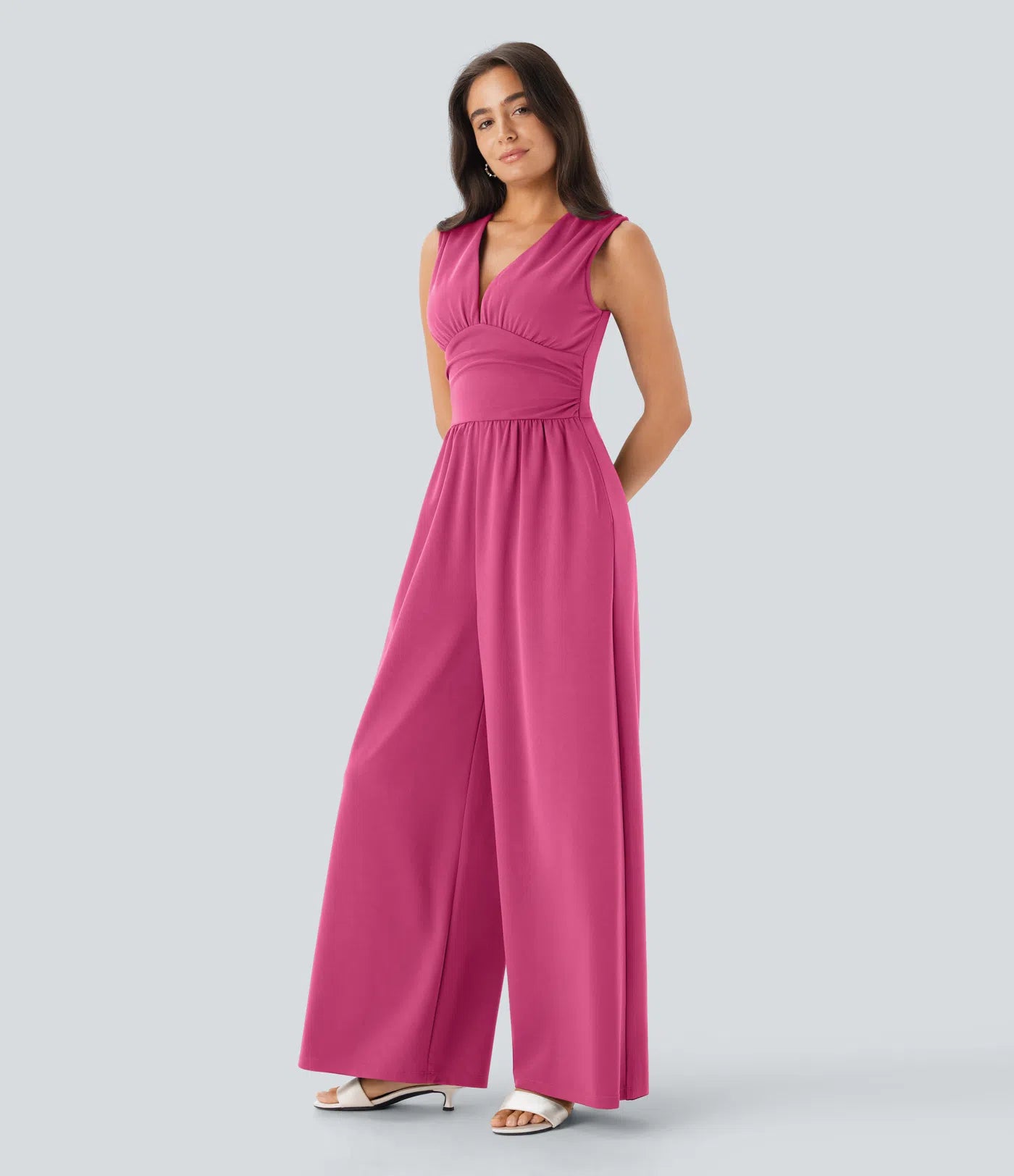 Women's Elegant Ribbed Jumpsuit, Deep V Neck Sleeveless Wide Leg Summer Outfit