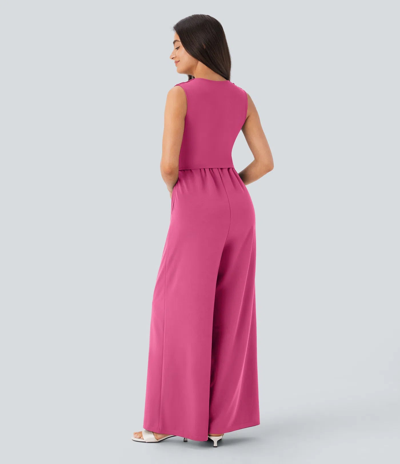 Women's Elegant Ribbed Jumpsuit, Deep V Neck Sleeveless Wide Leg Summer Outfit
