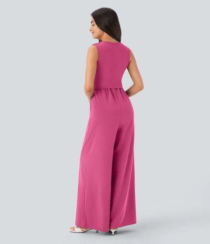 Women's Elegant Ribbed Jumpsuit, Deep V Neck Sleeveless Wide Leg Summer Outfit