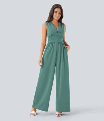 Women's Elegant Ribbed Jumpsuit, Deep V Neck Sleeveless Wide Leg Summer Outfit