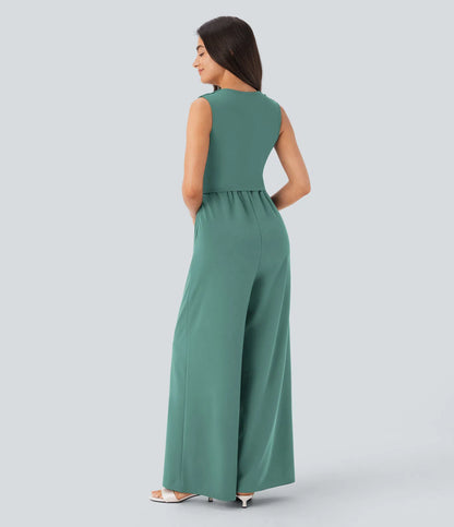 Women's Elegant Ribbed Jumpsuit, Deep V Neck Sleeveless Wide Leg Summer Outfit