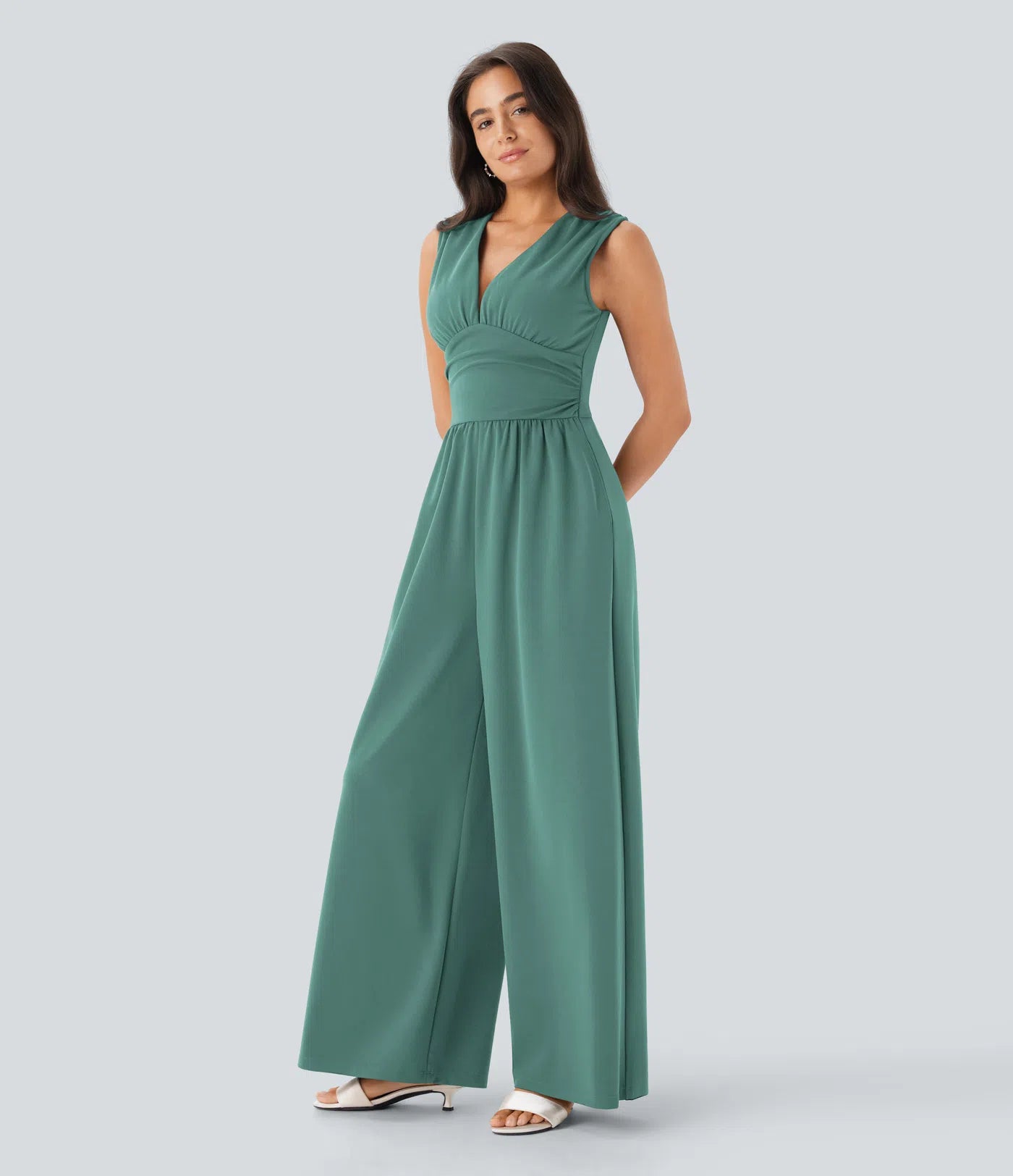 Women's Elegant Ribbed Jumpsuit, Deep V Neck Sleeveless Wide Leg Summer Outfit